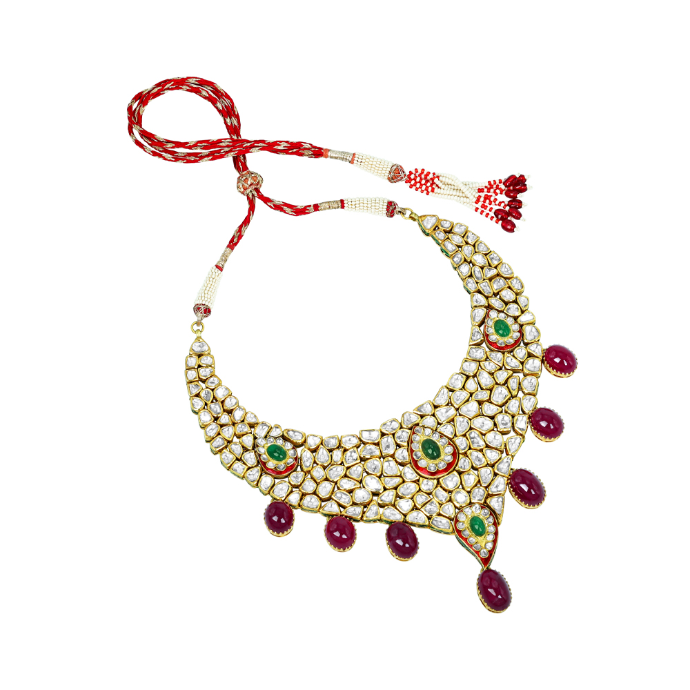 Polki Necklace Set with Emerald and Ruby Cabochons